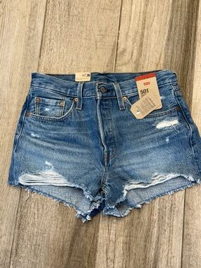Levi's 501 Original Shorts Button Fly Women’s Size 28 Distressed Blue Denim $60